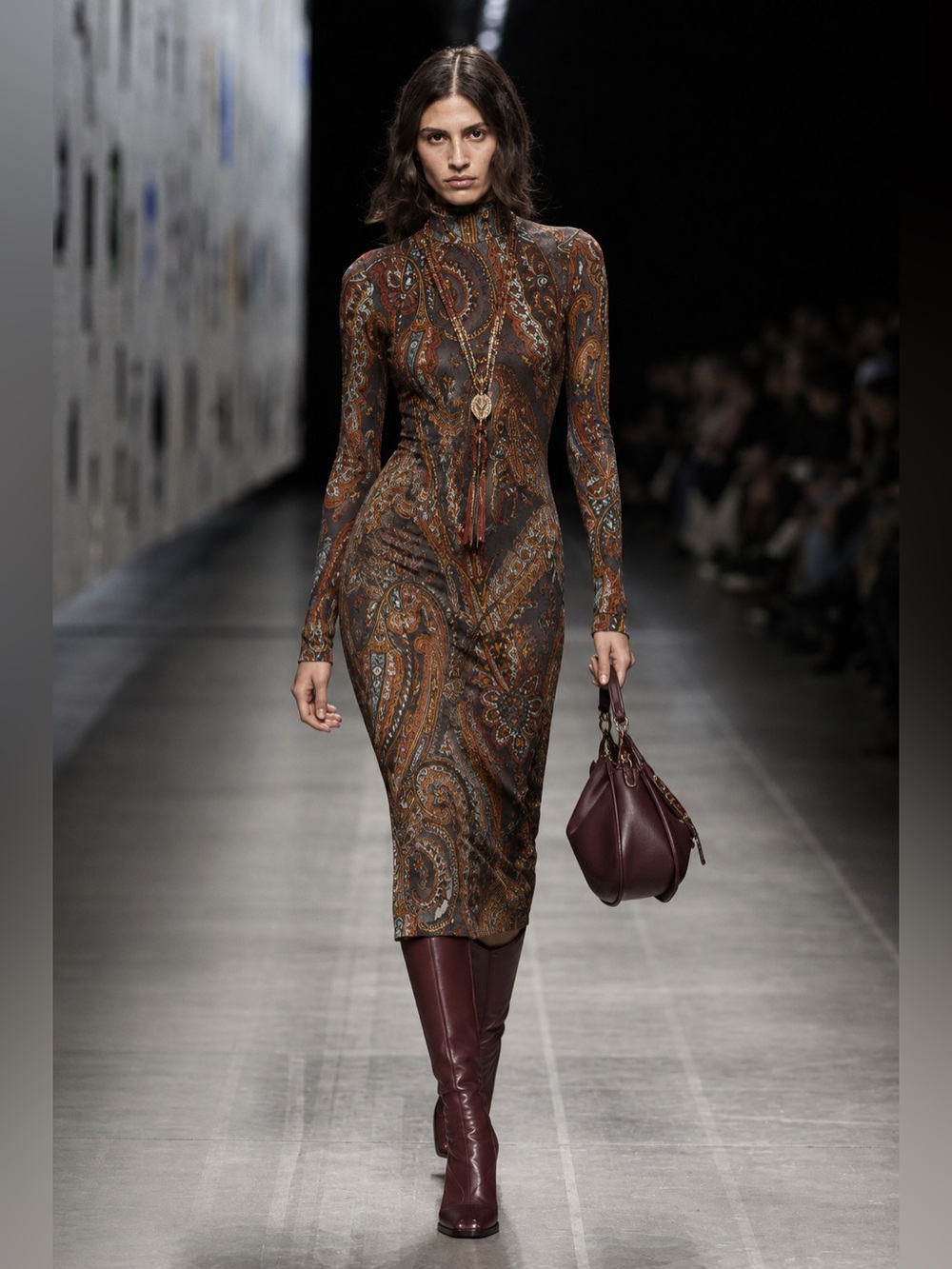 Etro brown paisley print turtleneck midi dress iconic light wool blend pockets